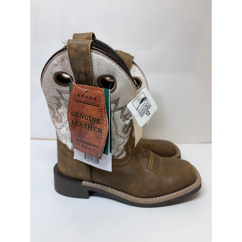 Smoky Mountain Kids Brown Leather Cream Embroidered Cowboy Boots 3108C Size 12 R